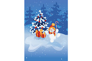 happy smiling jumping snowman with candy cane on winter forest scene background