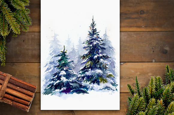 SALE Watercolor winter fir forest in Illustrations - product preview 2