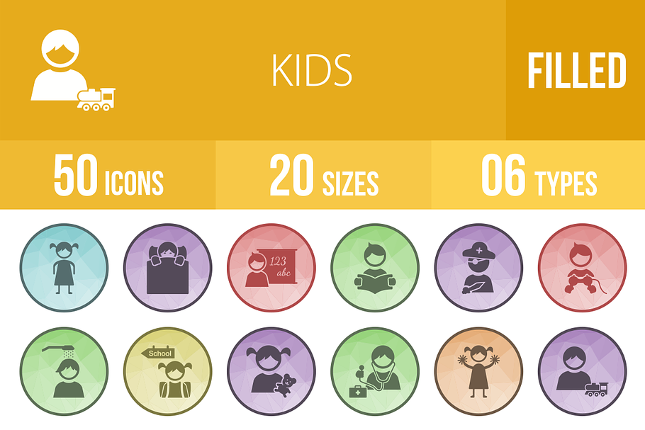 50 Kids Filled Low Poly Icons