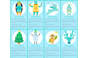 Merry Christmas Set of Posters with Happy Animals