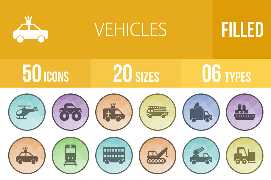 50 Vehicles Filled Low Poly Icons