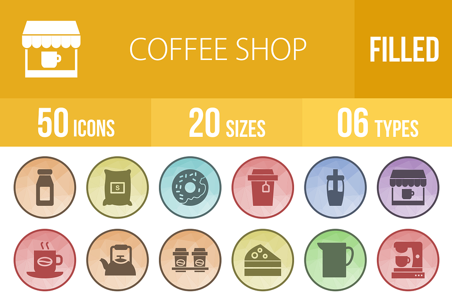 50 Coffee Shop Filled Low Poly Icons