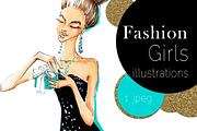 The girl opens a gift. Fashion illus