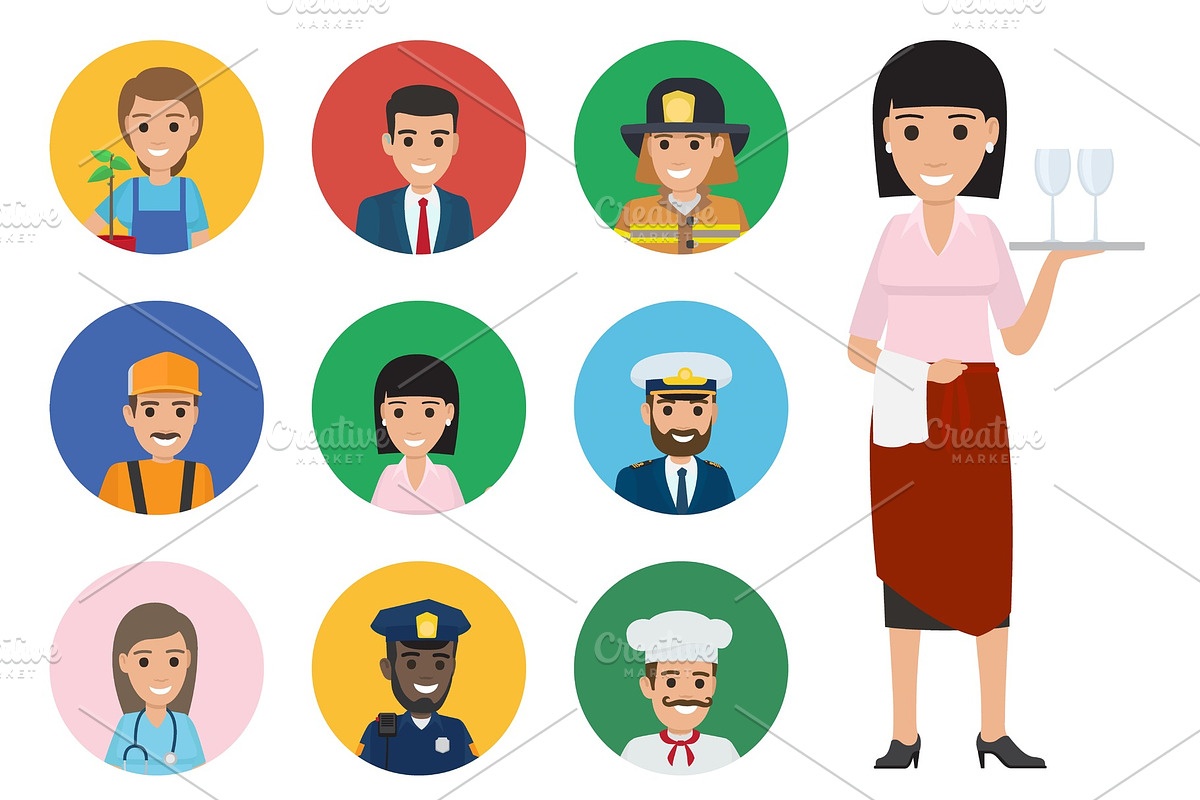 Nine Round Icons of Trades and Full-length Waiter in Illustrations - product preview 8