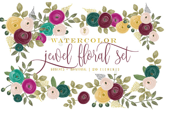 Jewel tone watercolor floral clipart in Illustrations - product preview 2