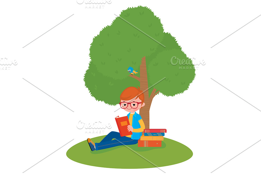 Boy reading a book sitting under a t in Illustrations - product preview 8