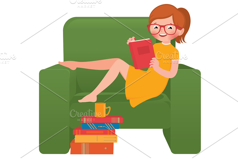 Girl reading a book sitting in a cha in Illustrations - product preview 8