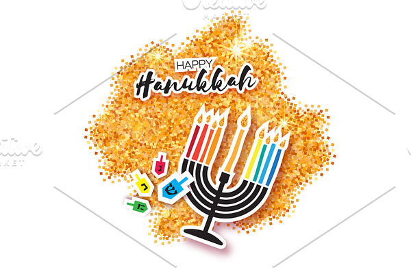 Colorful Origami Happy Hanukkah Greeting card on gold glitter background