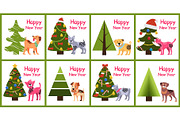 Happy New Year Posters Set Christmas Trees Puppies