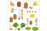 Honey and beekeeping isometric design elements. Apiary, honey, beekeeper, hives, bees, equipment, flowers. For eco products of beekeeping, cosmetics medicine