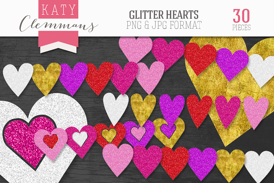 Glitter Hearts clip art pack in Illustrations - product preview 8