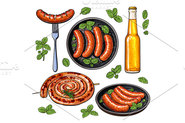 Beer and sausages, big set of barbeque party food