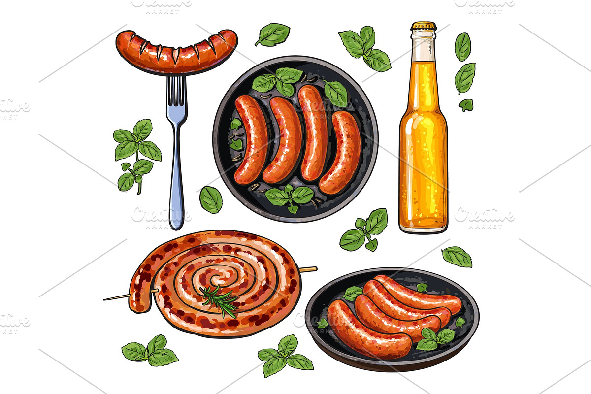 Beer and sausages, big set of barbeque party food in Illustrations - product preview 8