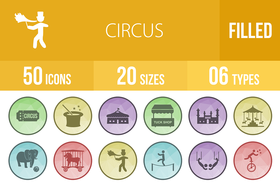 50 Circus Filled Low Poly Icons