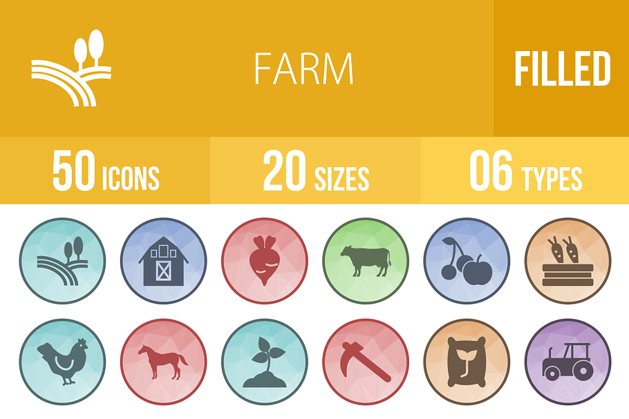 50 Farm Filled Low Poly Icons