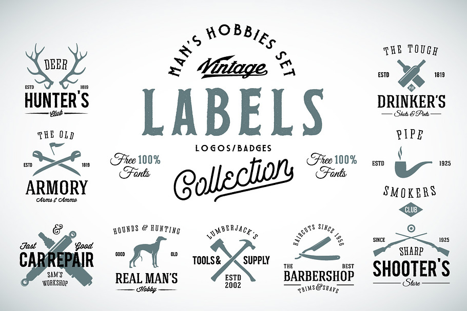 9 Vintage Labels for Men's Hobbies in Illustrations - product preview 8