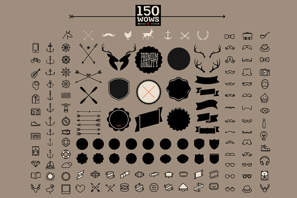 150 retro hipster icon and label set