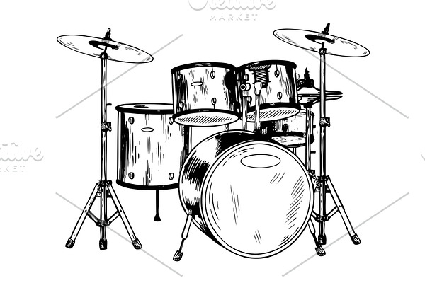 Drum set engraving vector illustration