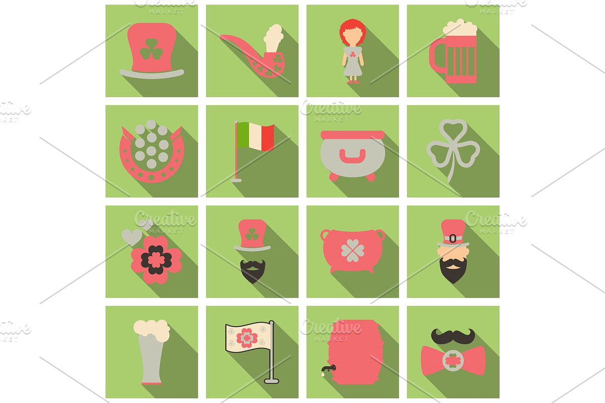 Set of Irish symbols St. Patrick day icons with shadow. Flet icons in Illustrations - product preview 8