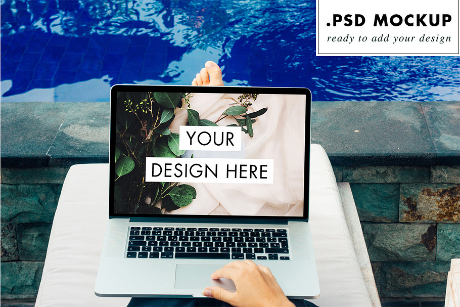 Computer PSD Mockup at the pool in Mobile & Web Mockups - product preview 8