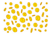 Gold coins dollars on a white background. Sketching by hand