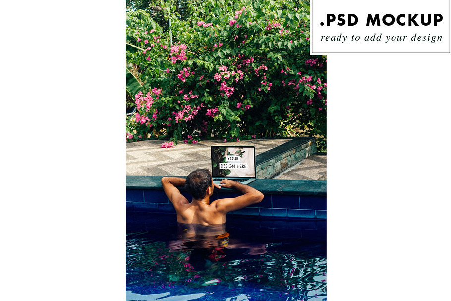 Laptop PSD mockup at the pool