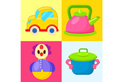 Yellow Car, Pink Pot, Blue Pot and Tumbler Toys
