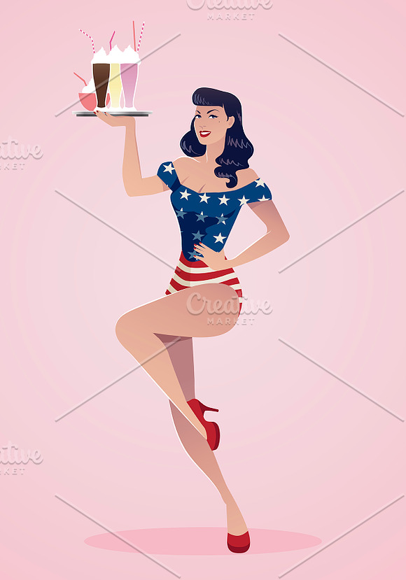 Pinup girl carrying smoothies in Illustrations - product preview 1