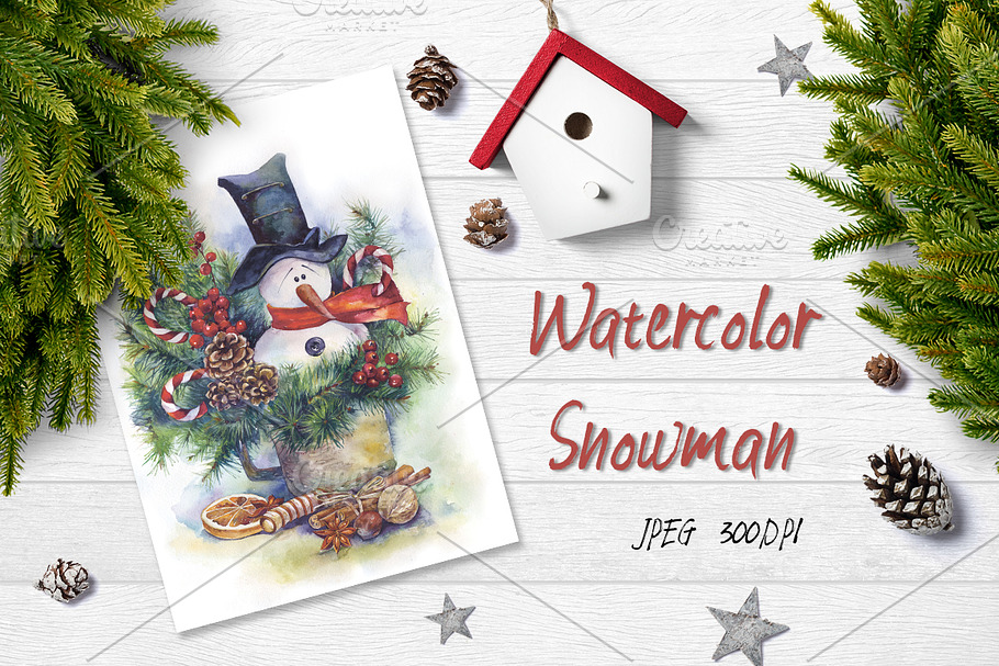 SALE Watercolor snowman Christmas
