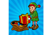 Santa gnome and gift box pop art vector