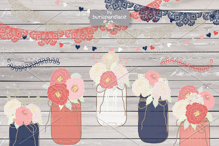 Coral red and Navy blue Peonies in Illustrations - product preview 8