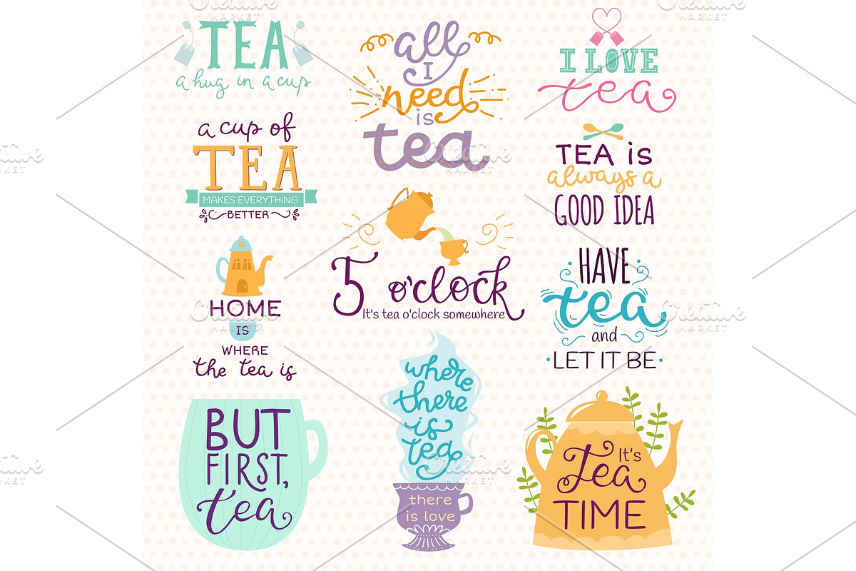 Tea time lettering logo quote vector lettering handdrawn cup of tea vintage print teatime typography poster design teapot isolated badge illustration in Illustrations - product preview 8
