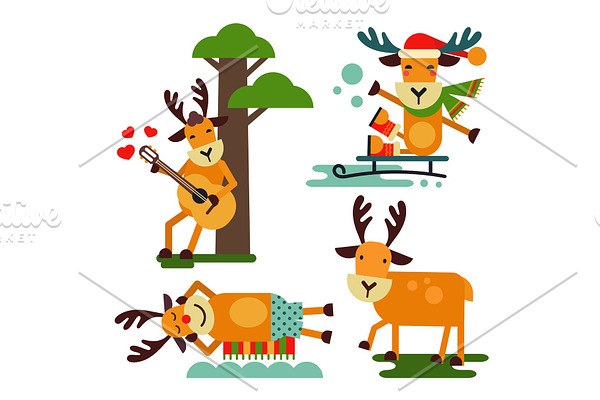 Christmas cute reindeer Santa Claus character vector New Year illustration of deer animal for sleigh