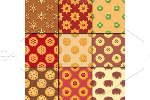 Different cookie cakes seamless pattern background sweet food tasty snack biscuit sweet dessert vector illustration.
