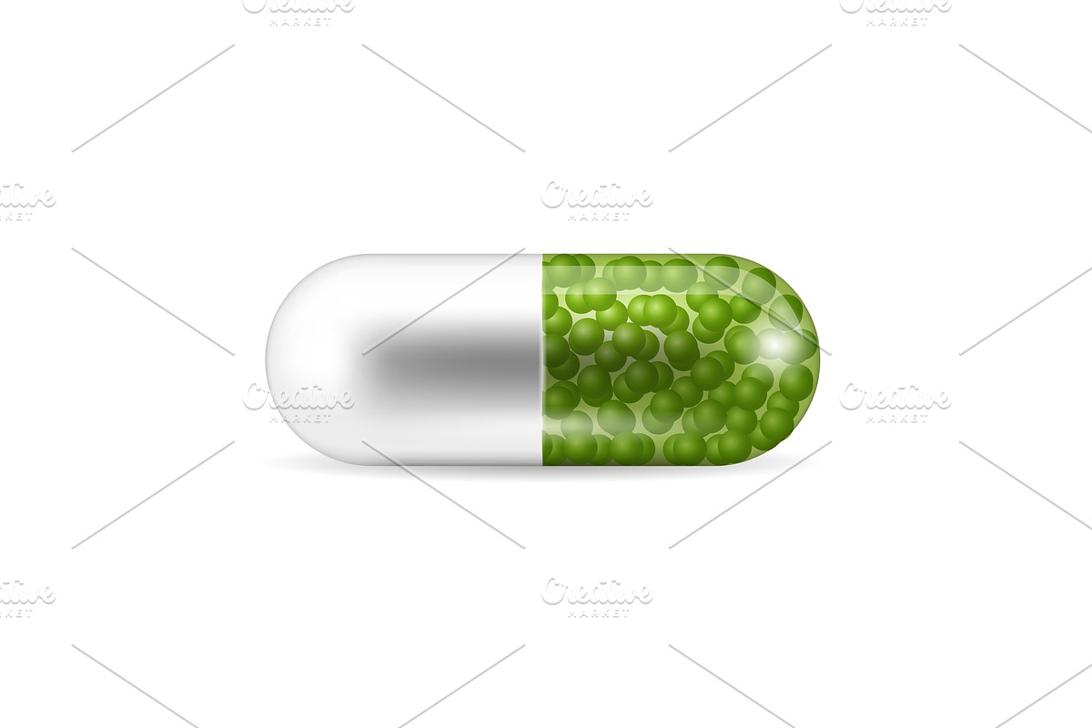 A pill in the capsule shape with the green granules inside it. in Objects - product preview 8