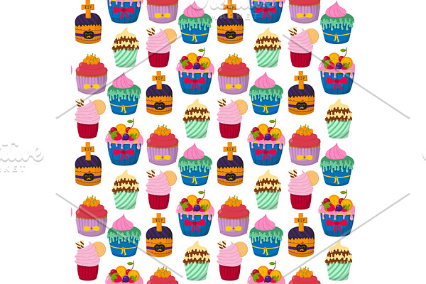 Cute vector cupcakes and muffins chocolate seamless pattern background celebration birthday food sweet bakery party cute sprinkles decoration.