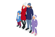 Isometric happy family isolated on white. Father, mother and two children daughters on a snowy winter walk. Winter travel. Frost winter season.