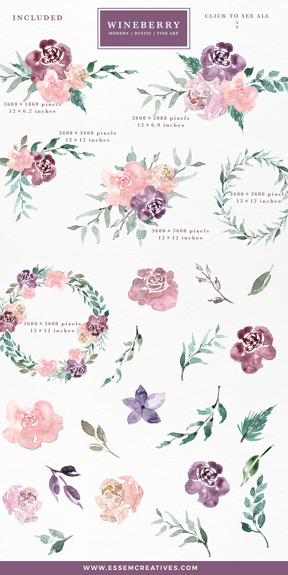 Wine Berry Burgundy Flowers Clipart in Illustrations - product preview 1