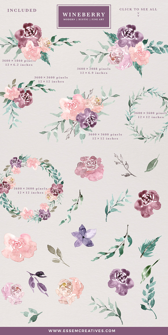 Wine Berry Burgundy Flowers Clipart in Illustrations - product preview 2