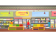 Supermarket Interior, People Vector Illustration