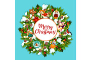 Christmas wreath greeting card with New Year gift