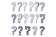 Set of drawn question marks in different styles. Vector doodles