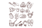 Doodle pictures set for relaxing or massage spa salon. Aromatherapy illustrations
