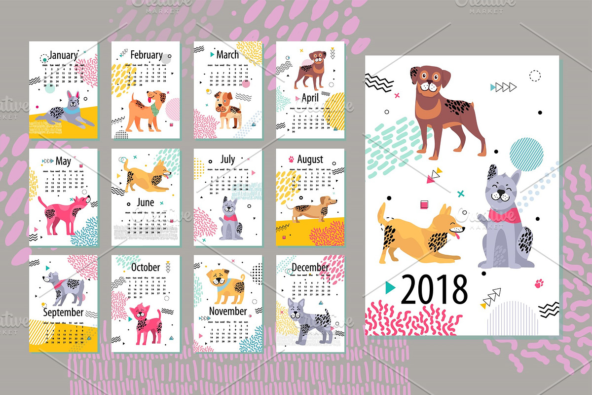 Calendar with Months and Dogs Vector Illustration in Objects - product preview 8