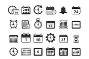 Different monochrome symbols of time management. Vector icon set