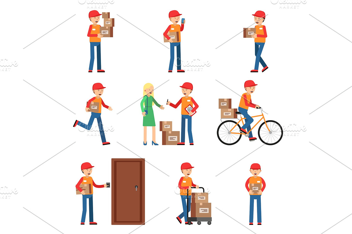 Delivery worker in different action poses. Man holding box or package. Vector characters in Graphics - product preview 8