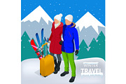 Trip on a winter vacation in the mountains. Winter travel concept. Christmas travel. Travel to World. Banner, Journey, illustration.