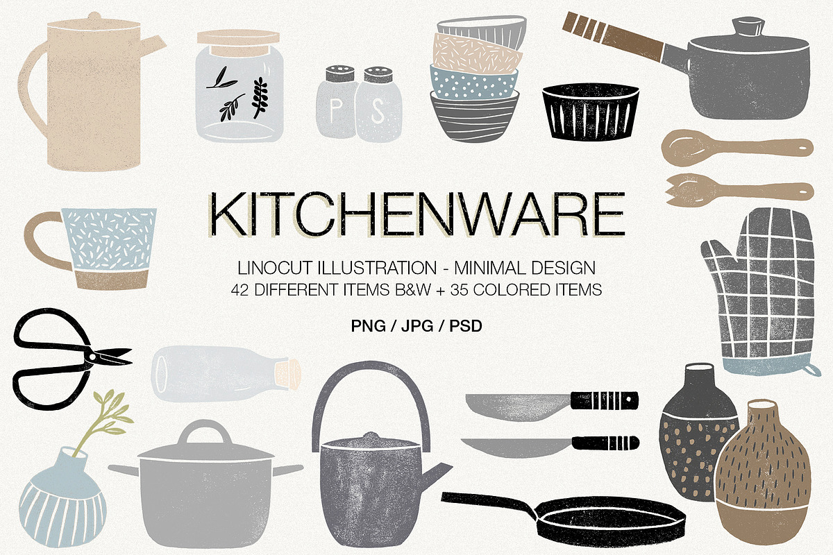 Kitchenware (linocut illustrations) in Objects - product preview 8