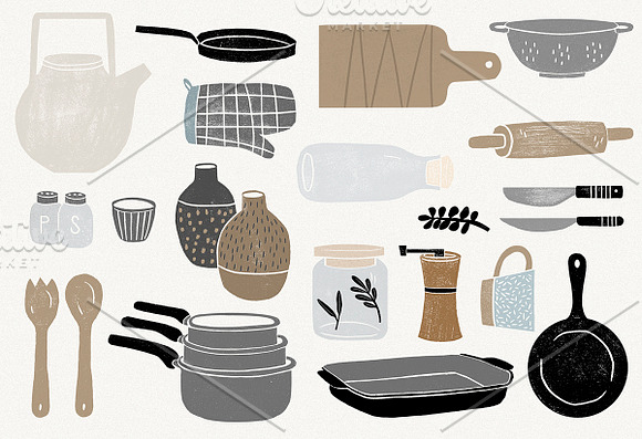 Kitchenware (linocut illustrations) in Objects - product preview 1