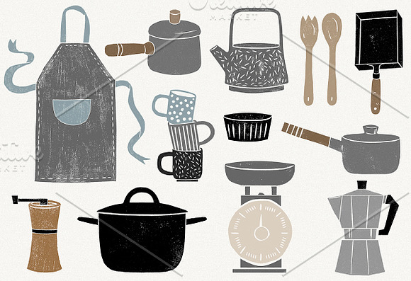 Kitchenware (linocut illustrations) in Objects - product preview 2